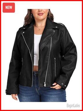 Plus Size Faux Leather Moto Jacket Motorcycle Biker Zip Up